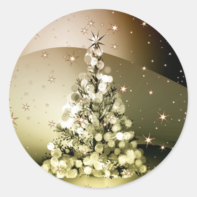 Christmas Party Golden Tree Shiny Sparkle Stars Classic Round Sticker (Front)