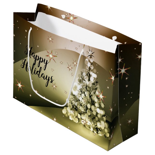 Christmas Party Golden Tree Shiny Sparkle Stars Large Gift Bag (Front Angled)