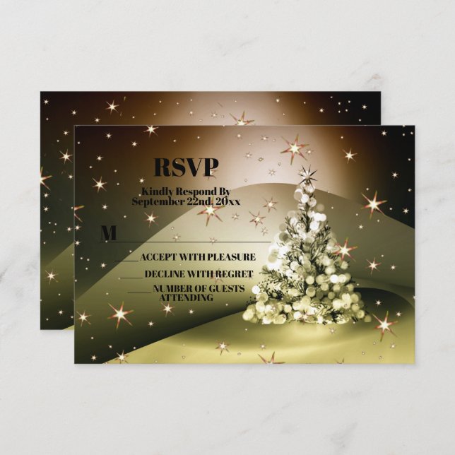Christmas Party Golden Tree Shiny Sparkle Stars RSVP Card (Front/Back)