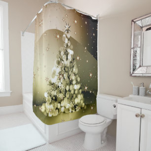 Christmas Party Golden Tree Shiny Sparkle Stars Shower Curtain