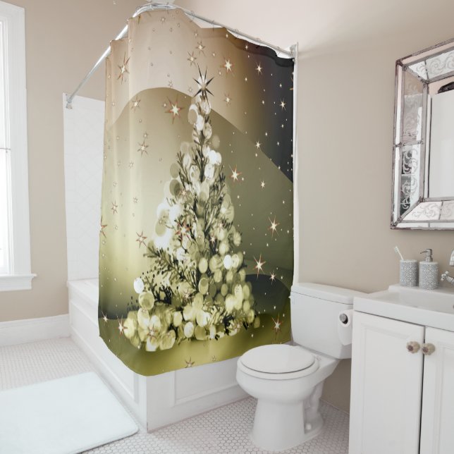 Christmas Party Golden Tree Shiny Sparkle Stars Shower Curtain (In Situ)
