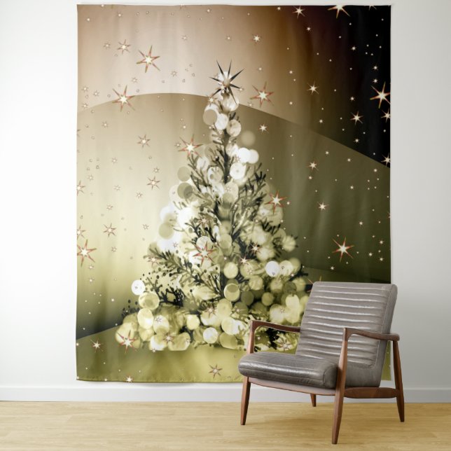 Christmas Party Golden Tree Shiny Sparkle Stars Tapestry (In Situ)