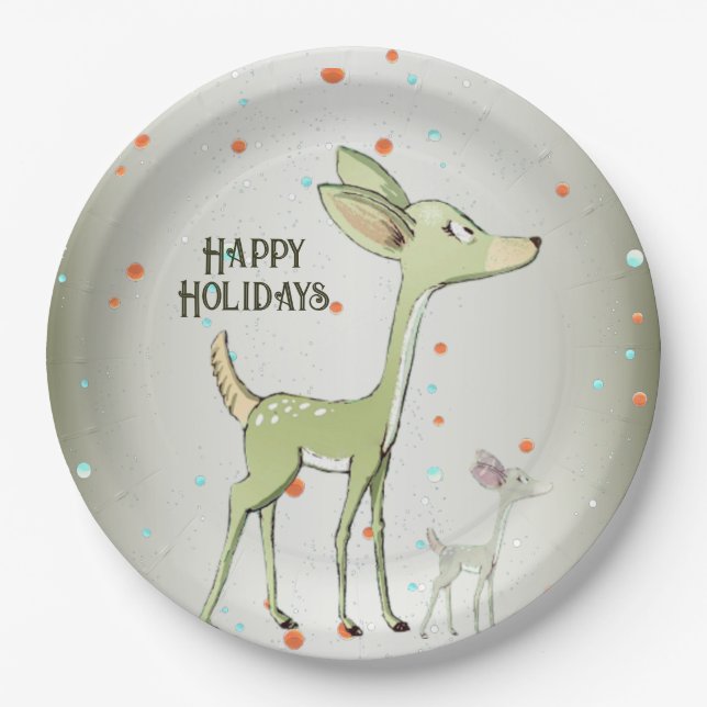 Christmas Party Green Deers Holidays Cute Paper Plate (Front)
