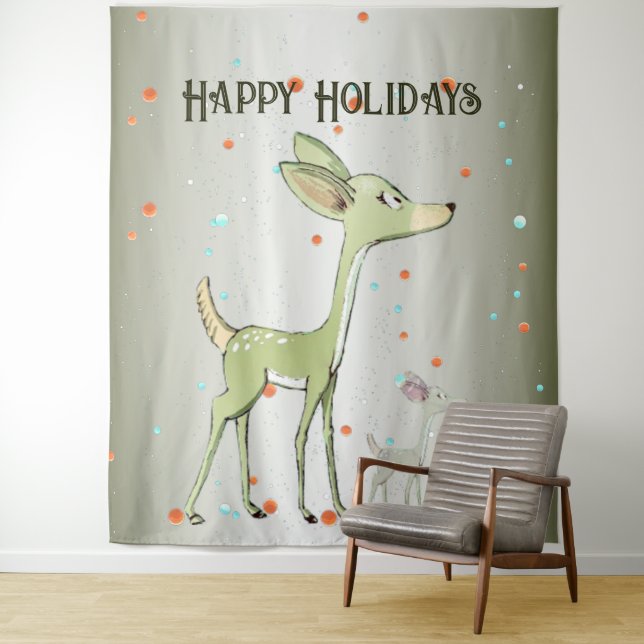 Christmas Party Green Deers Holidays Cute Tapestry (In Situ)