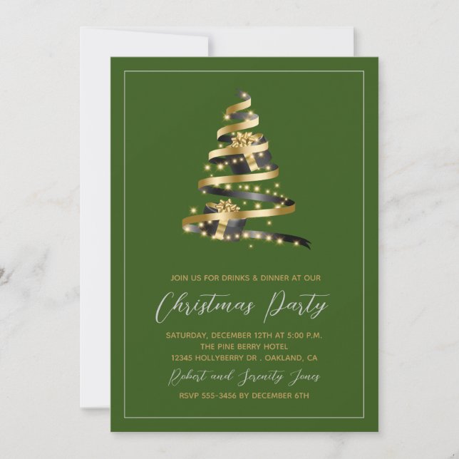 Christmas Party Green Gold Tree Invitation (Front)