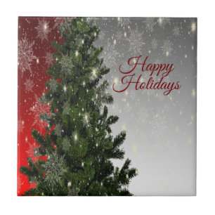 Christmas Party Green Tree Red Silver Snowflakes Ceramic Tile