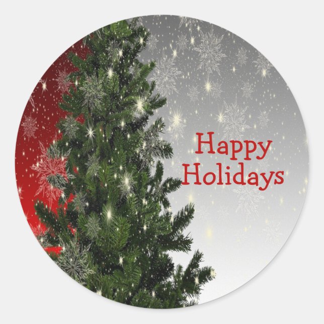 Christmas Party Green Tree Red Silver Snowflakes Classic Round Sticker (Front)