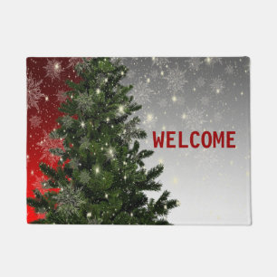 Christmas Party Green Tree Red Silver Snowflakes Doormat