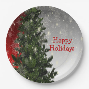 Christmas Party Green Tree Red Silver Snowflakes Paper Plate