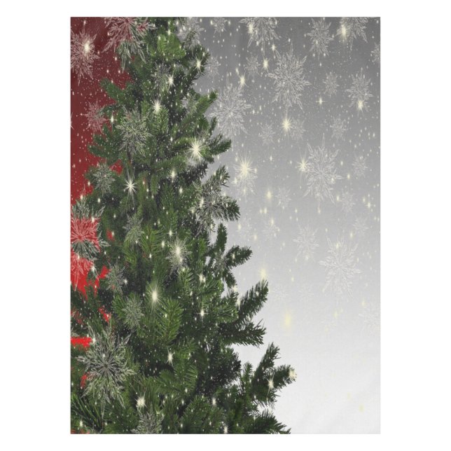 Christmas Party Green Tree Red Silver Snowflakes Tablecloth (Front)