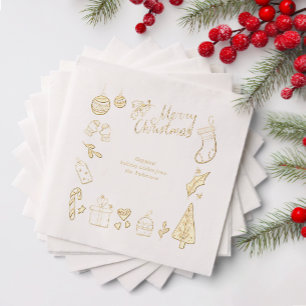 Christmas Party Hand Drawn Doodles Festive Gold Foil Napkins