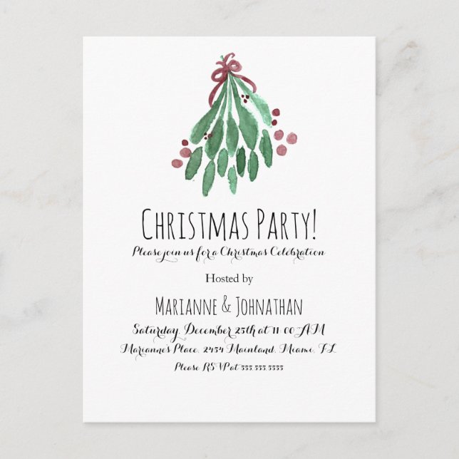 Christmas Party Hand Watercolor Tree and Bow Postcard (Front)