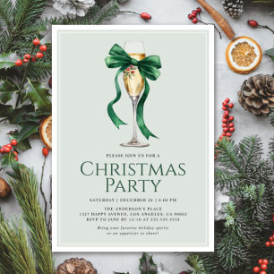 Christmas Party Holiday Cocktail Green Bow Modern Invitation