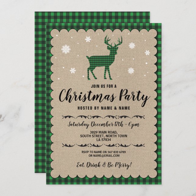 Christmas Party Holiday Deer Snowflake Green Check Invitation (Front/Back)