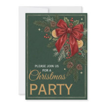 Christmas Party Holiday Green Botanical Red bow