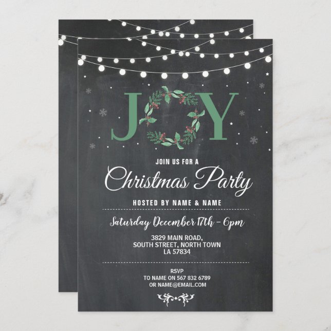 Christmas Party Holiday JOY Wreath Chalk Lights Invitation (Front/Back)