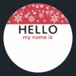 Christmas Party Holiday Snow Hello My Name Is Classic Round Sticker<br><div class="desc">"Hello My Name Is" name tag for a Christmas event or holiday party. Artistic white snowflake designs on a red background with space below for guests to write their name.</div>