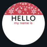 Christmas Party Holiday Snow Hello My Name Is Classic Round Sticker<br><div class="desc">"Hello My Name Is" name tag for a Christmas event or holiday party. Artistic white snowflake designs on a red background with space below for guests to write their name.</div>