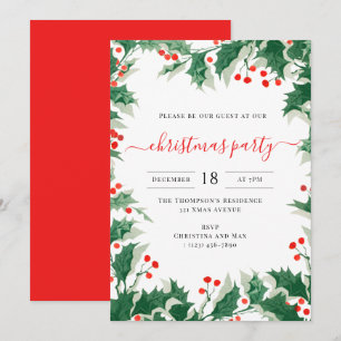 Christmas Party Holiday Watercolor Holly Berries Invitation