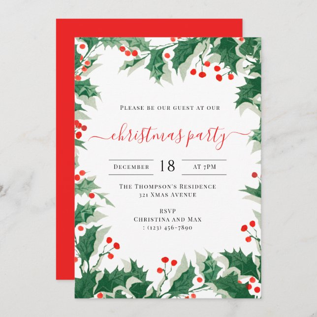 Christmas Party Holiday Watercolor Holly Berries Invitation (Front/Back)