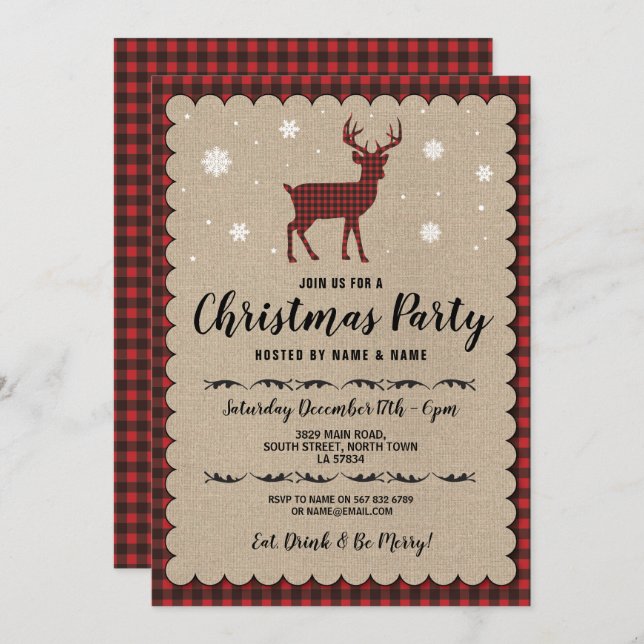Christmas Party Holidays Deer Snowflake Red Check Invitation (Front/Back)