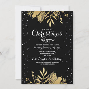 Christmas Party Holly Snow Black Gold Xmas Invite