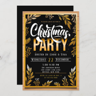 Christmas Party In Black and Gold Invitation