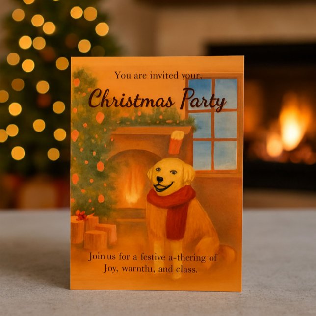Christmas Party Invitation | Cosy Dog Scene (Cozy charm in every zazzlemade invite #zazzlemade #christmasparty)