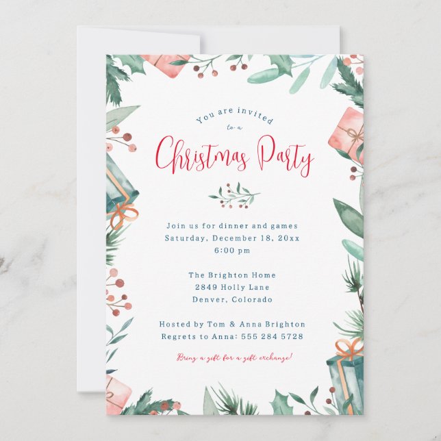 Christmas Party Invitation - Gift, Berries, Holly (Front)