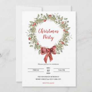 Christmas Party Invitation Holly Wreath Ribbon
