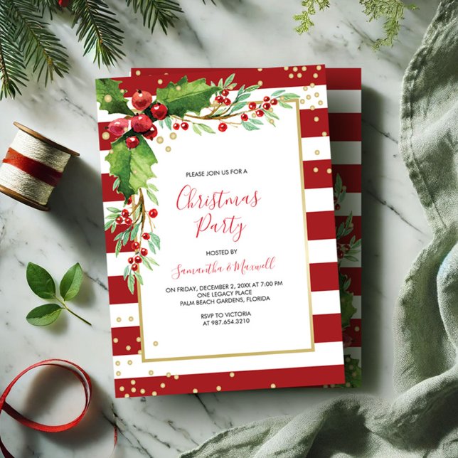 Christmas Party Invitation - Red Stripes (Christmas party invitations red and green botanical design.)