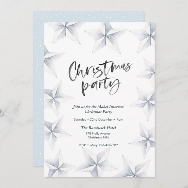 Christmas party Invitation | silver stars (Front/Back)