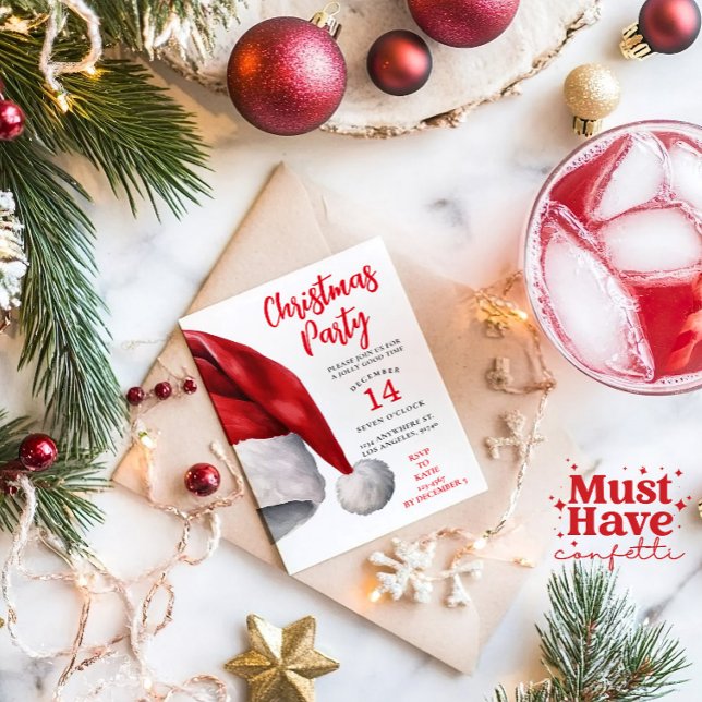 Christmas Party Invitation Watercolor Santa Hat (Creator Uploaded)