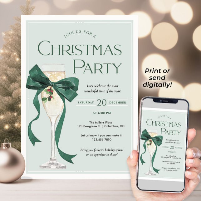 Christmas Party Invitation with Green Bow (Set the tone for a stylish holiday gathering with this elegant Christmas Party invitation. A classic)