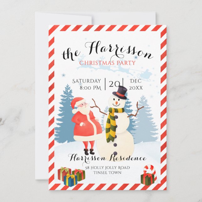 Christmas party invitation with santa and snowman (Front)
