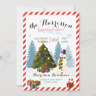 Christmas party invitation with snowman and tree