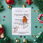 Christmas party invite card cute robin in snow<br><div class="desc">A traditional Winter and Christmas theme. A cute Robin coming to a garden,  backyard for the sunflower seeds lying in the snow. White background (the snow) Colours of the nature: Orange,  brown and white. Templates for your party details.</div>