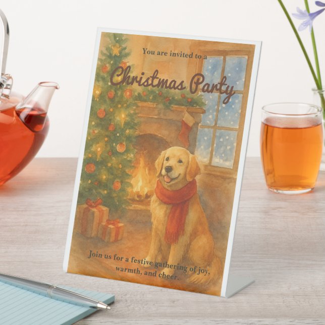 Christmas Party Invite · Cosy Dog Scene Pedestal Sign (In SItu)