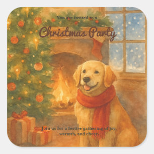 Christmas Party Invite · Cosy Dog Scene Square Sticker