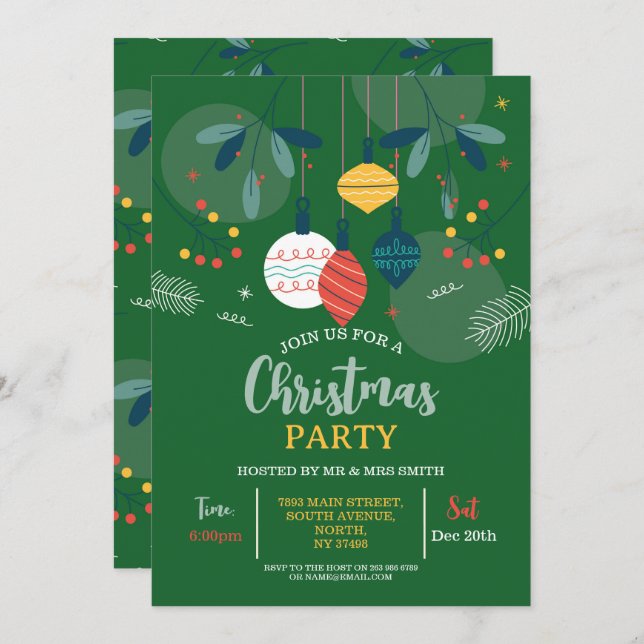 Christmas Party Invite Green Festive Party Bauble  (Front/Back)