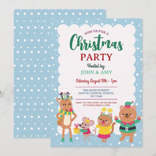 Christmas Party Invite Teddy Bear Reindeer (Front/Back)