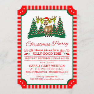 Christmas Party Jolly Good Time Reindeer Red White Invitation