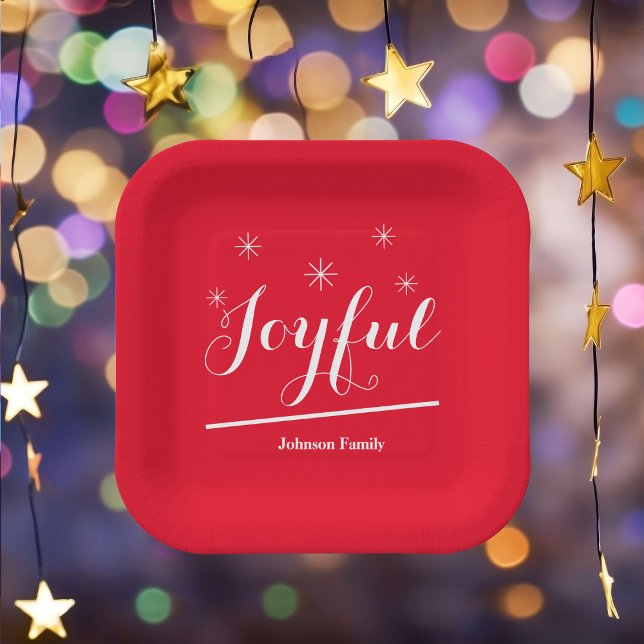 Christmas Party Joyful Script Name Modern Red Paper Plate (Spice things up with these "Joyful" red paper plates.)