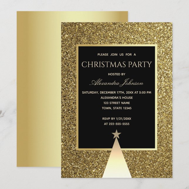 Christmas Party Luxury Black and Gold Glitter Invitation (Front/Back)