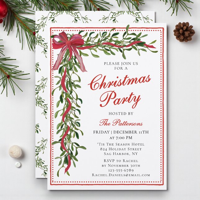 Christmas Party Mistletoe Bow Modern Holiday Party Invitation (Creator Uploaded)