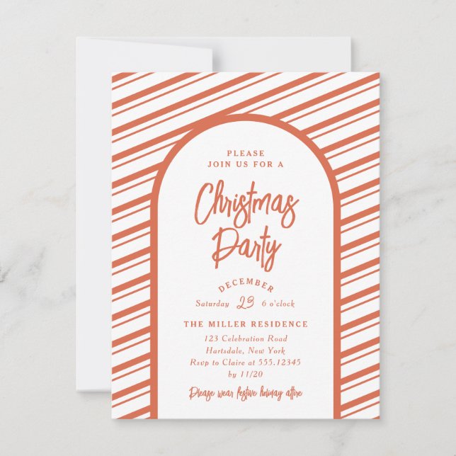 Christmas Party Modern Arch Bright Red Candy Cane Invitation (Front)