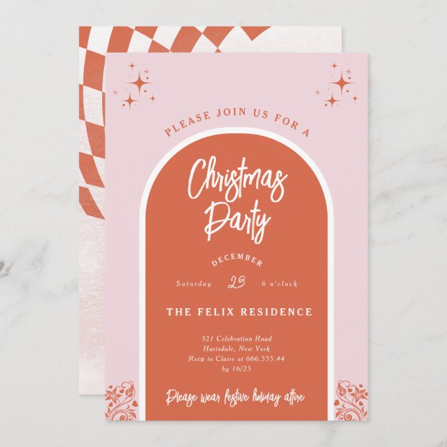 Christmas Party Modern Arch in Pink and Red Invitation (Front/Back)
