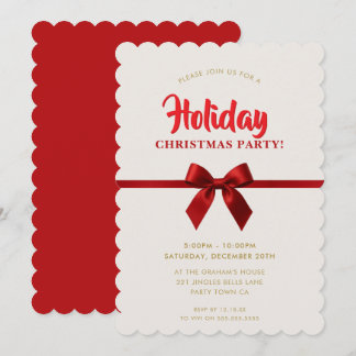 CHRISTMAS PARTY modern elegant red ribbon bow gold Holiday Card