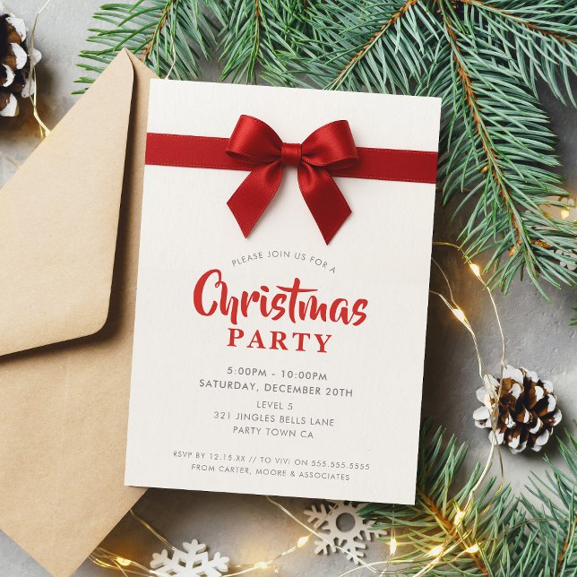 CHRISTMAS PARTY modern elegant red ribbon bow Holiday Card (Creator Uploaded)