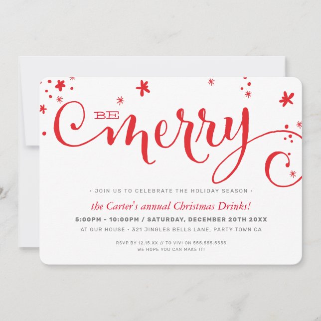 CHRISTMAS PARTY modern fun red typography BE MERRY Holiday Card (Front)